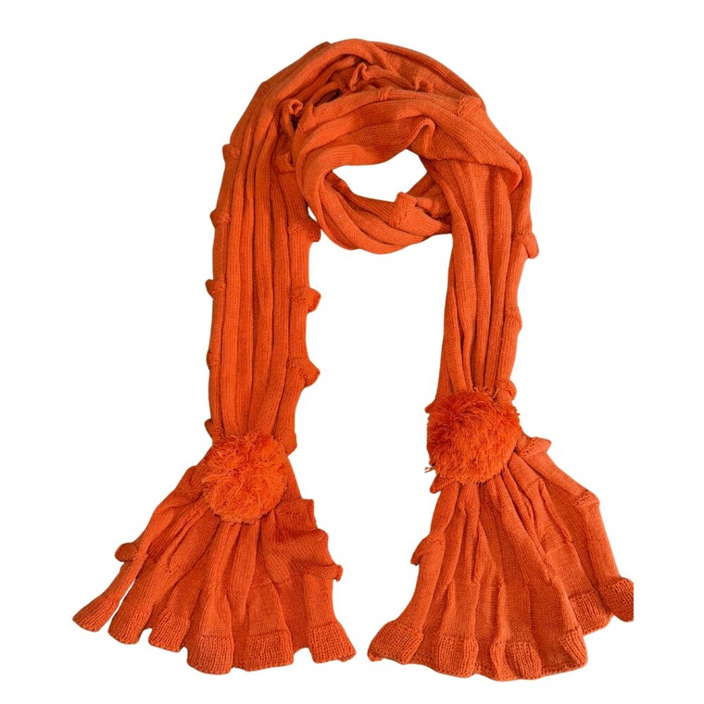Cozy Bright Orange Knit Scarf with Pom Pom Ends